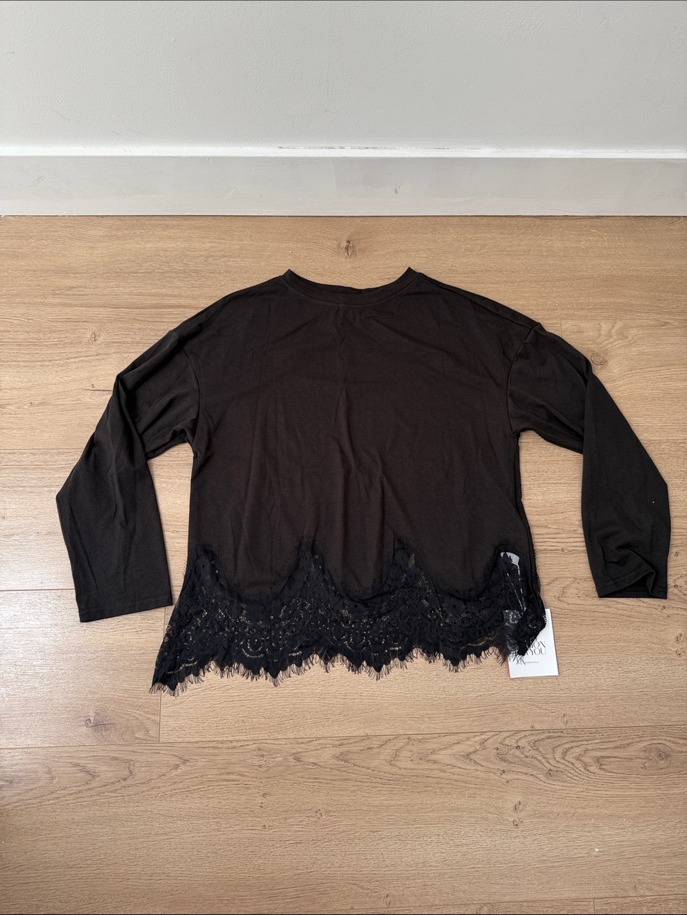 Black Long-Sleeve Top with Lace Scalloped Hem